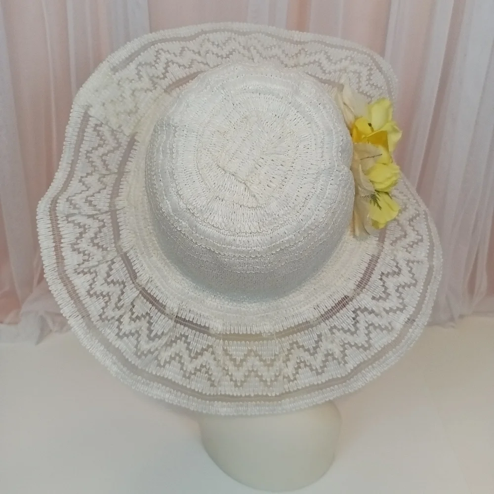 Vintage 80s Womens White and Yellow Wide Brim Sun Hat Summer Travel - Picture 4 of 9